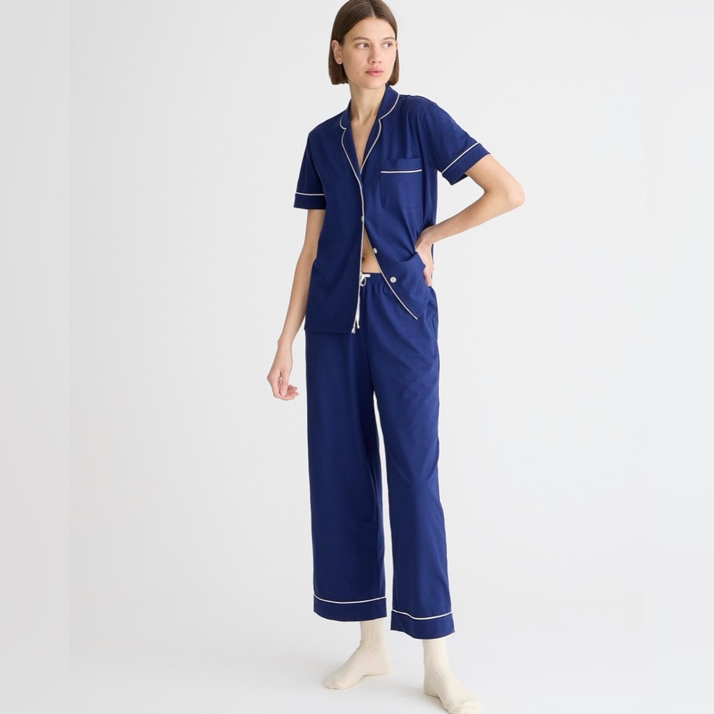 J. Crew Dreamy cotton-blend short-sleeve pajama pant set in navy